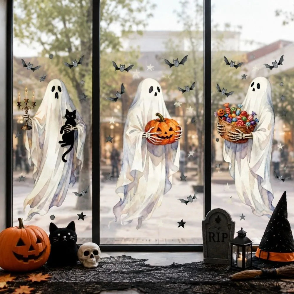 Halloween Window Stickers – Ghost, Pumpkin, Bat & Cat PVC