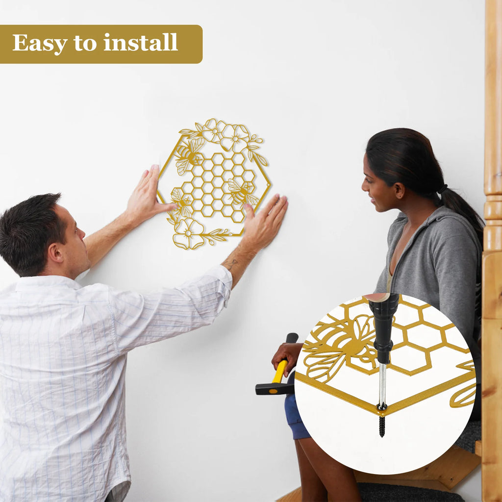 2-Piece Metal Bee Wall Art Set – Gold & Black Hanging Decor Metal Wall Art Nixie