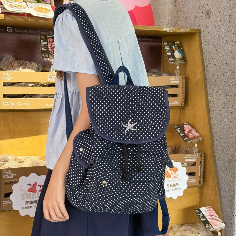 Korean Starfish Embroidered Polka Dot Canvas Backpack Canvas Backpack Nixie
