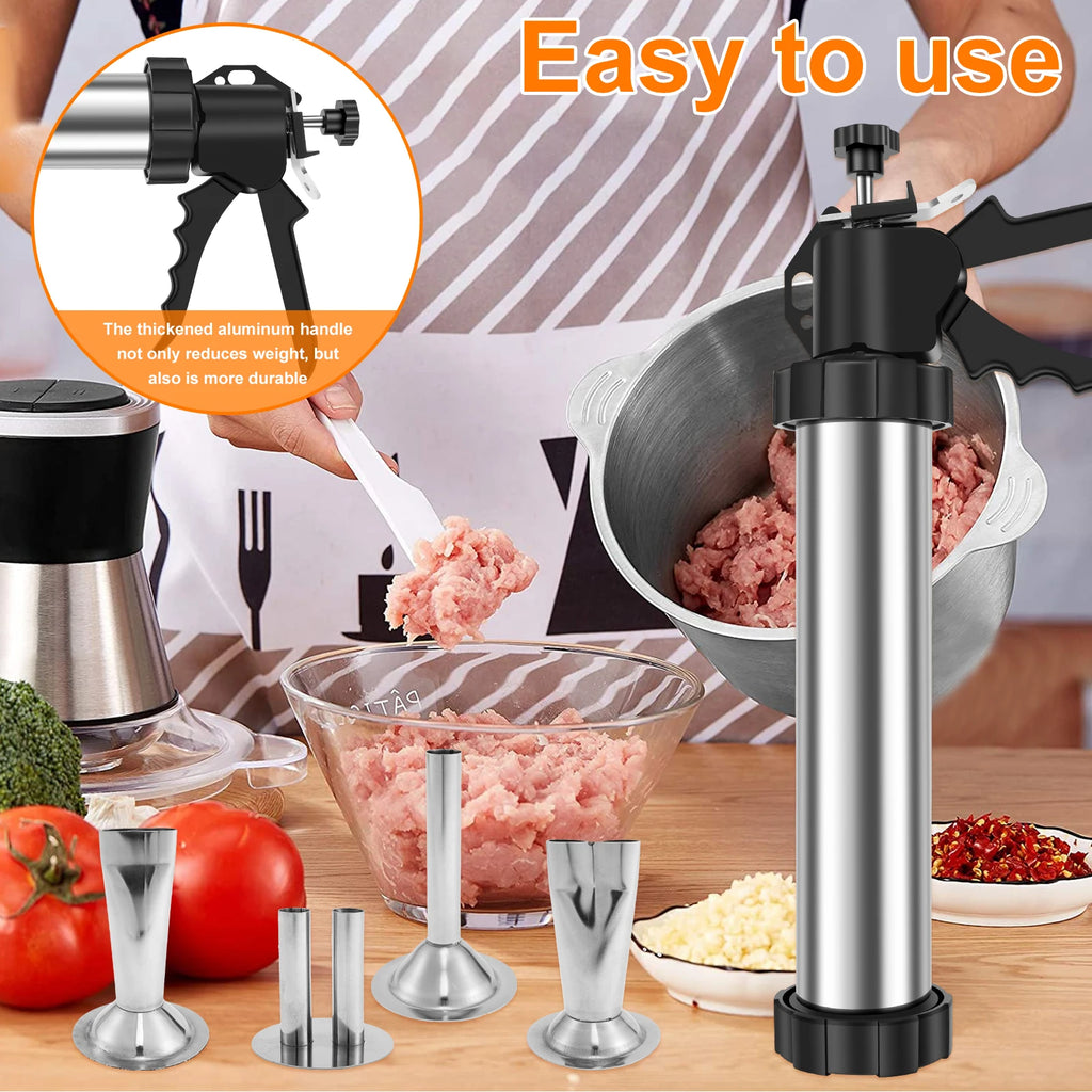 Stainless Steel Sausage Stuffer & Jerky Gun Kit – 5 Nozzles Sausage Stuffer Kit Nixie