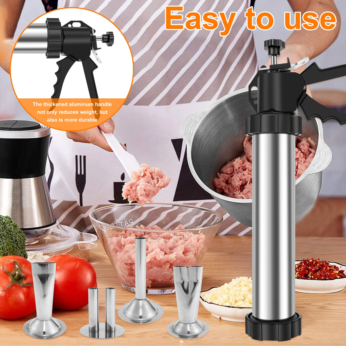 Stainless Steel Sausage Stuffer & Jerky Gun Kit – 5 Nozzles Sausage Stuffer Kit Nixie