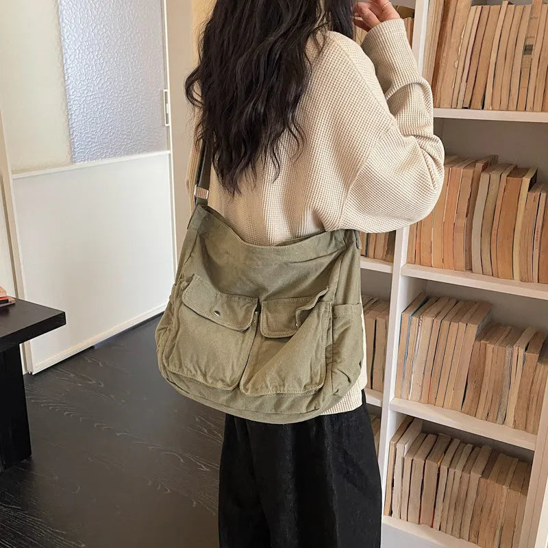 Japanese Vintage Canvas Tote Bag – Multi-Pocket Shoulder Bag Canvas Tote Bag Nixie