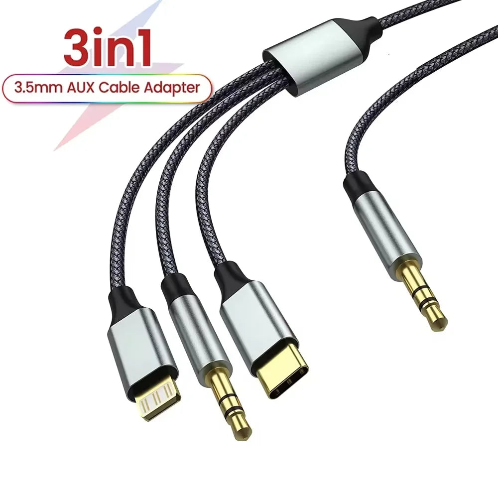 3-in-1 USB-C Lightning to 3.5mm Aux Audio Cable | Male to Male Aux Audio Cable Nixie