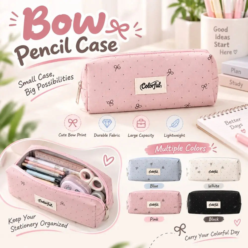 Bow Pattern Fabric Pencil Case – Cute Zipper Pouch