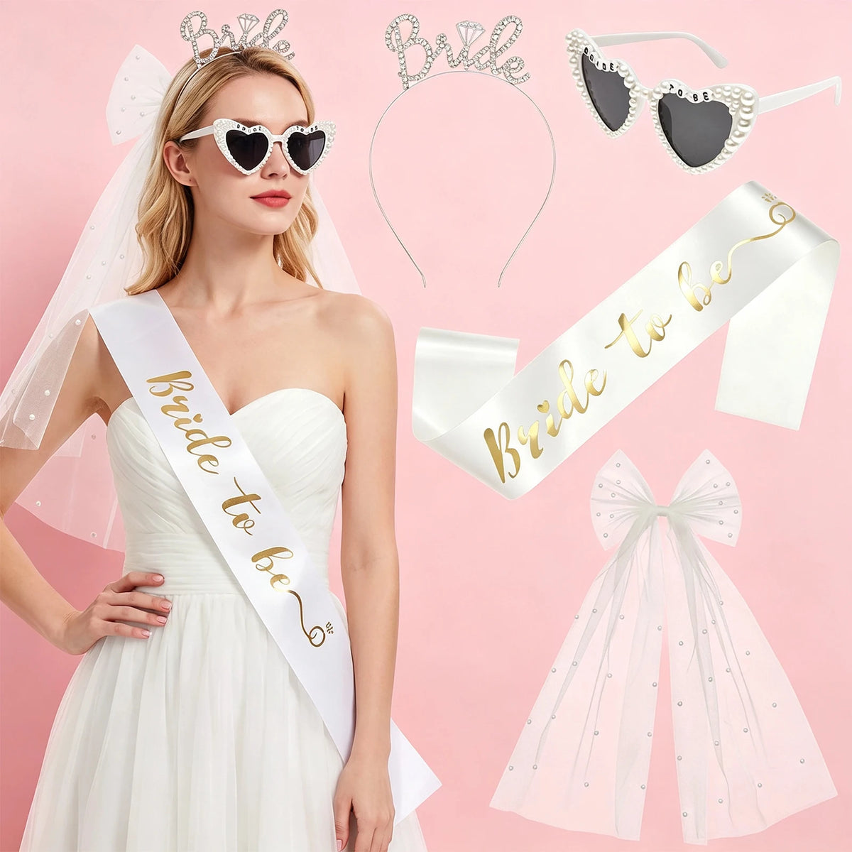 Bride to Be 4-Piece Set – Veil, Sash, Headband & Sunglasses