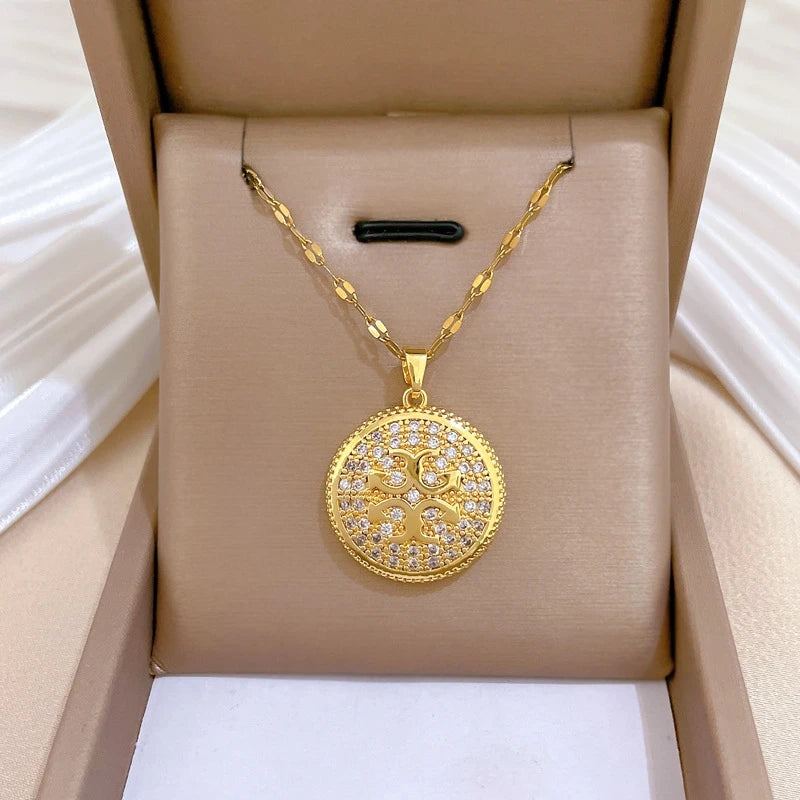 Round Zircon Pendant Choker Necklace | Gold Stainless Steel Pendant Necklace Nixie