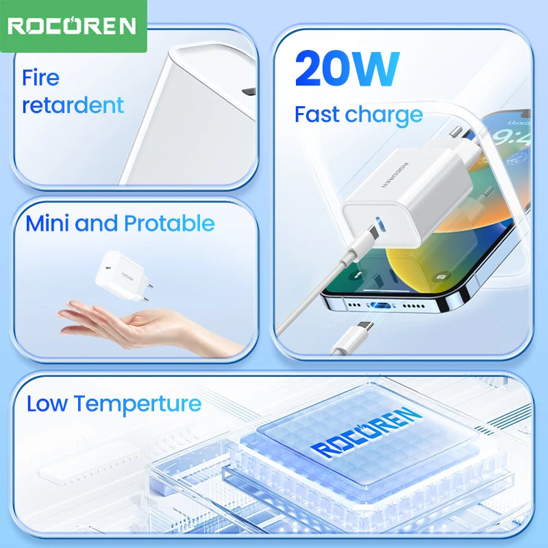 Rocoren 20W GaN USB-C Fast Charger PD3.0 QC3.0 iPhone Samsung
