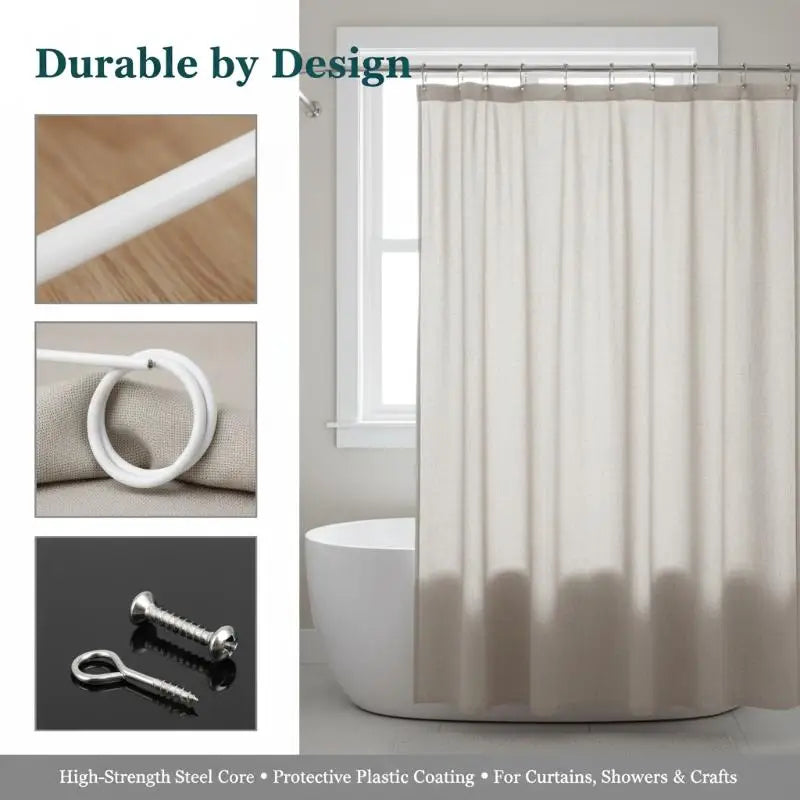 White PVC Steel Curtain Spring Wire with Hooks – 2/3/5/6m Curtain Wire Set Nixie