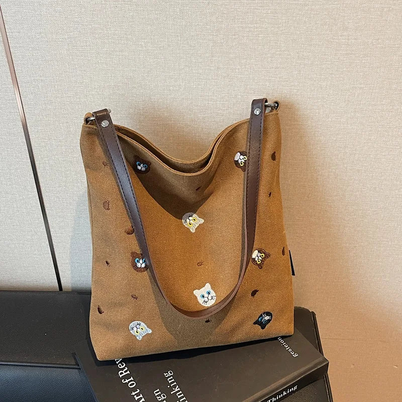 Women's Embroidered Canvas Tote Bag | Korean Minimalist Style Canvas Shoulder Tote Nixie BB-1477Brown