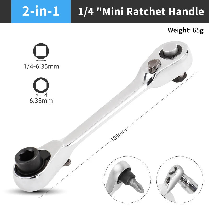 2-in-1 Double-End 1/4" Ratchet Wrench & Socket Screwdriver