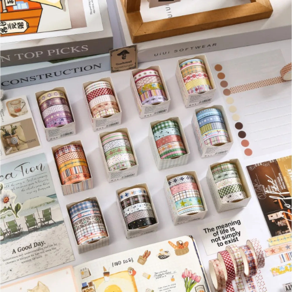 10pcs Cute Cartoon Washi Tape Set – Grid & Star Designs Decorative Washi Tape Nixie