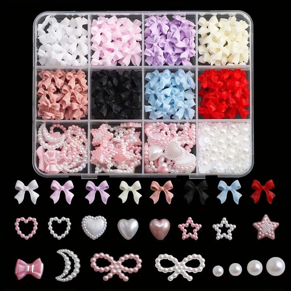 500PCS 3D Nail Art Kit – Resin Bows, Pearls & Shapes Nail Art Kit Nixie