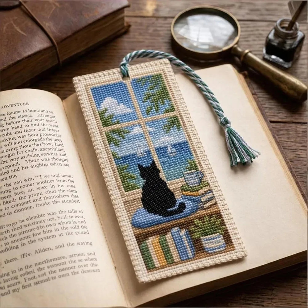 Seasonal Cat Cross Stitch Bookmark DIY Kit with Braided Tassel