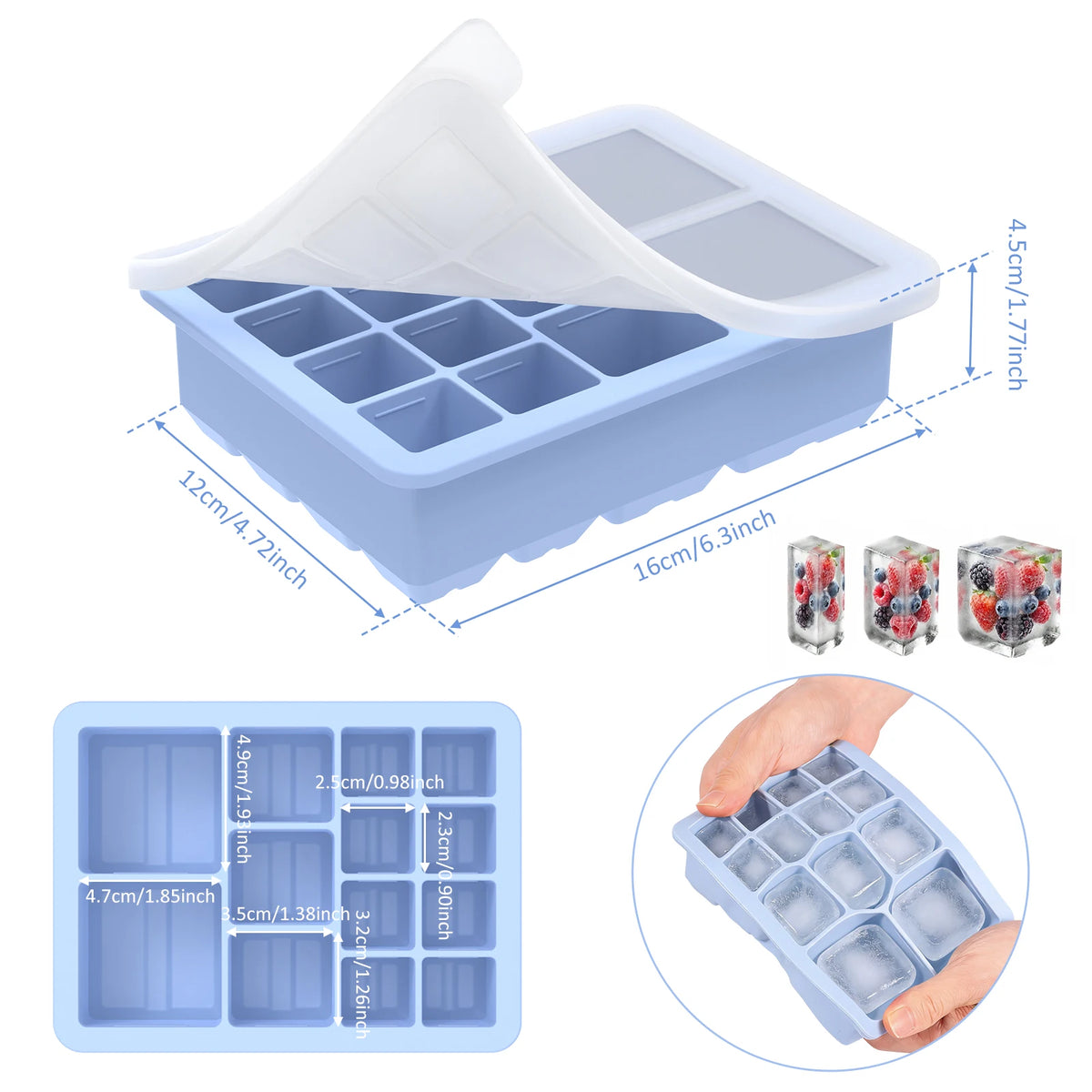 13-Grid Silicone Ice Cube Tray 2-Pack with Lid – Multi-Size Silicone Ice Cube Tray Nixie Blue 2PCS