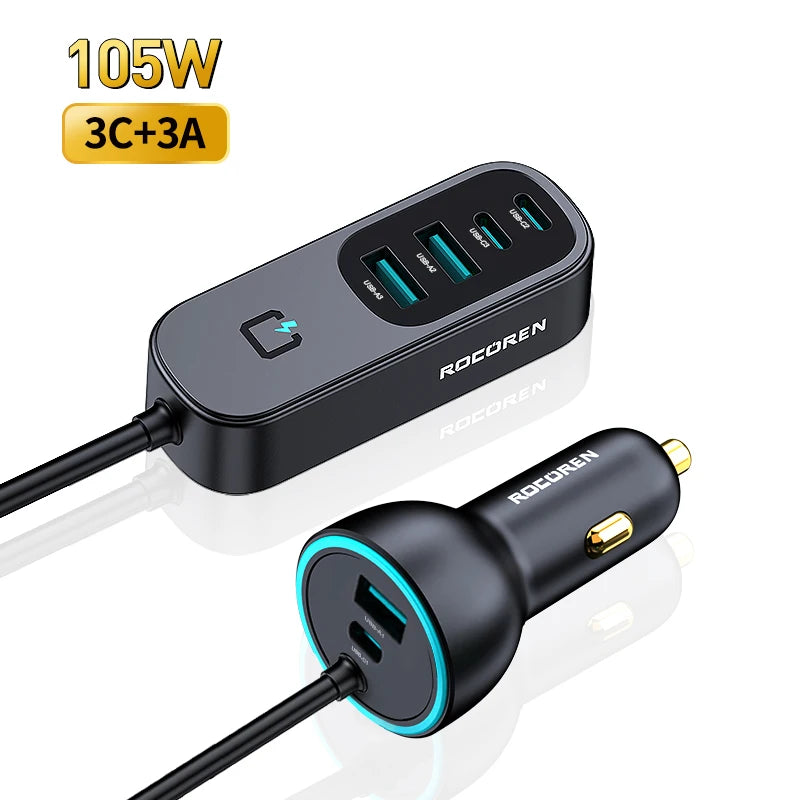 Rocoren 105W 6-Port Car Charger USB-C & USB-A Fast Charging Car Charger Nixie 3C and 3USB