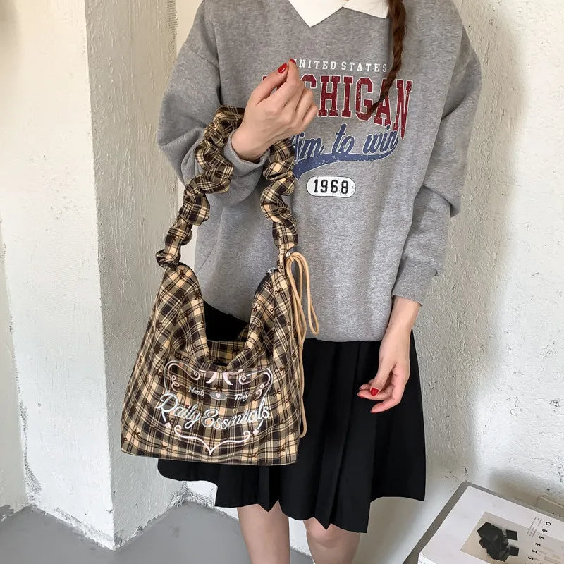 Korean Retro Plaid Canvas Tote Bag – Large Women's Shoulder Bag Canvas Tote Bag Nixie