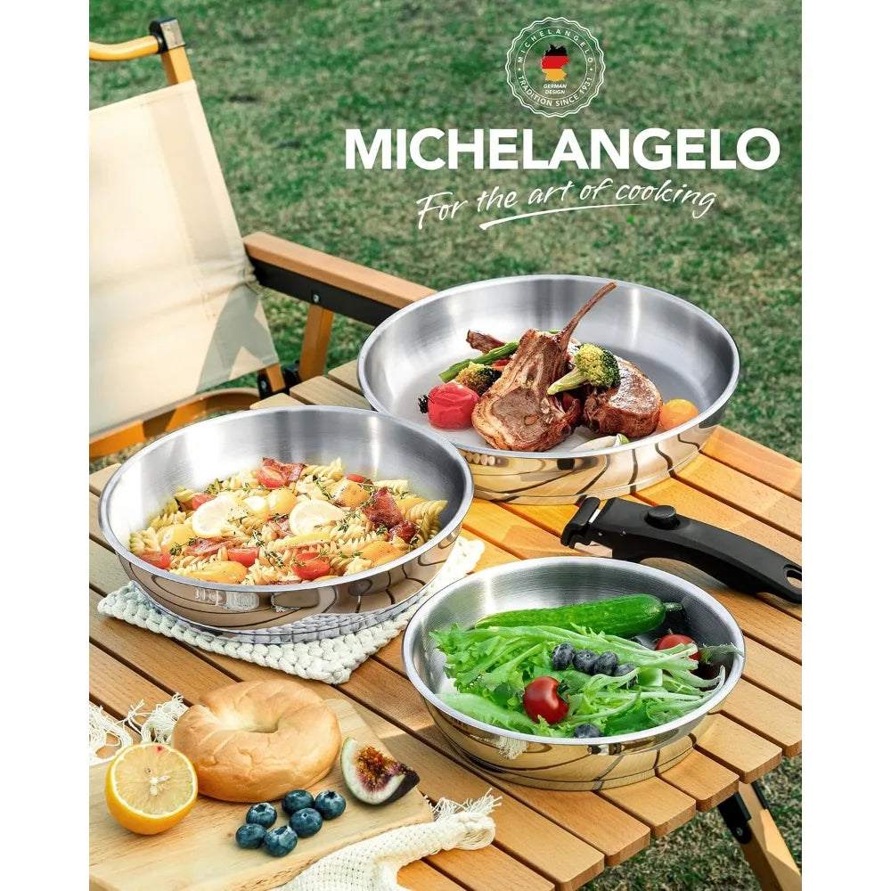 MICHELANGELO 3-Piece Stainless Steel Pan Set, Removable Handle Stainless Steel Pan Set Nixie