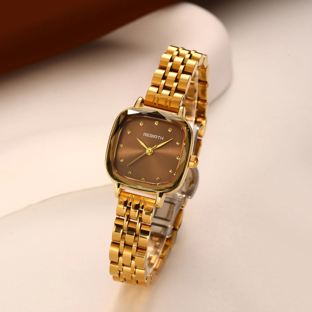 REBIRTH Retro Square Quartz Watch – Stainless Steel Strap Quartz Wristwatch Nixie