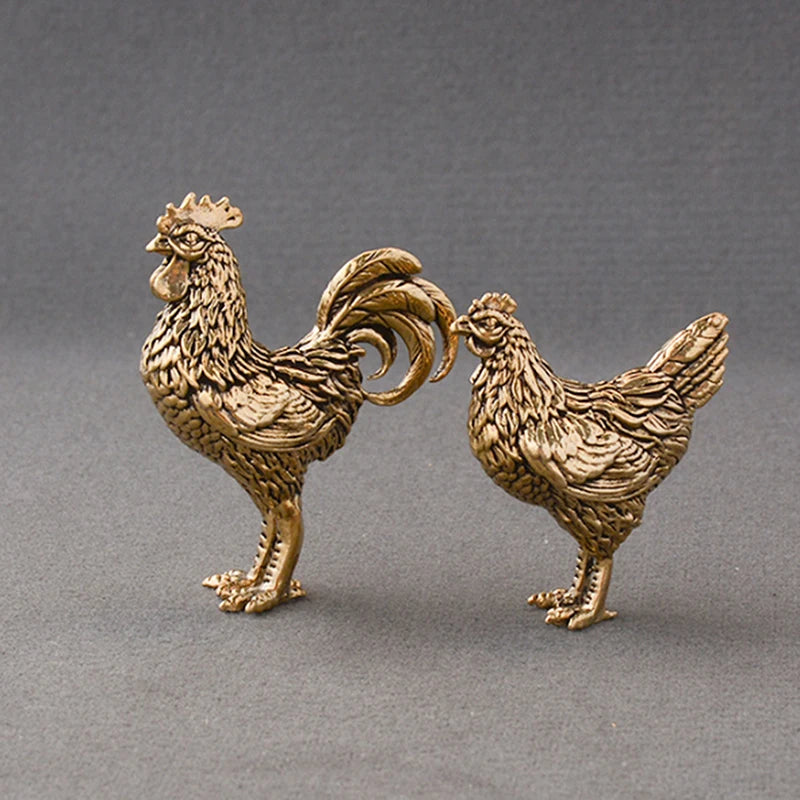 Solid Brass Rooster & Hen Miniature Statue Desk Ornament Miniature Figurine Nixie