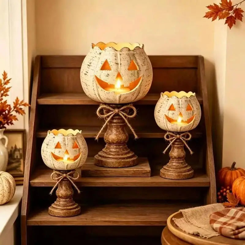 Pumpkin Jack-O'-Lantern Resin Candle Holder | Halloween Decor Candle Holder Set Nixie