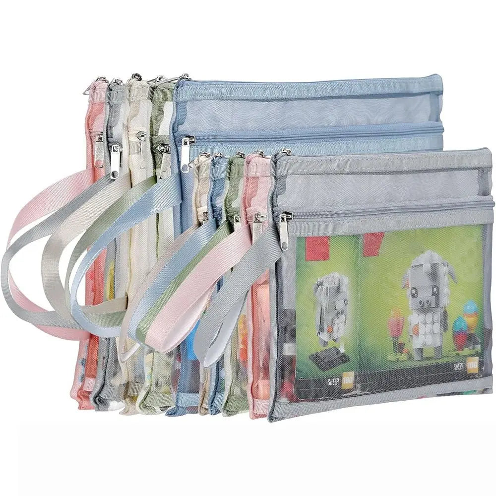 A4/A5 Double-Layer Zipper Mesh Storage Pouch with Handle