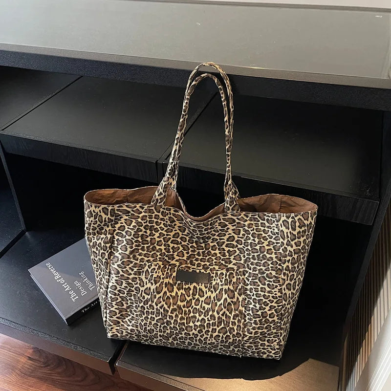 Leopard Print Canvas Shoulder Bag – Korean Retro Women's Tote Canvas Shoulder Bag Nixie BB-574-Khaki Extra Large