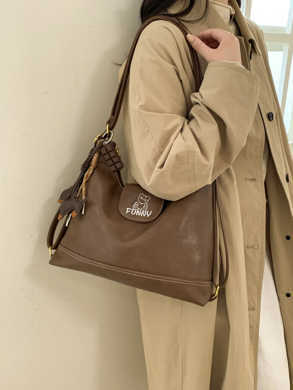 Retro Large Capacity PU Leather Tote Bag for Women Tote Shoulder Bag Nixie Brown (without charm