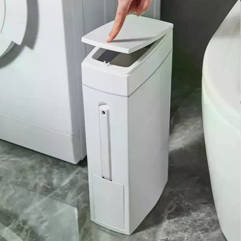 2-in-1 Press Trash Can & Toilet Brush Holder | Space Saving Bathroom Trash Can Nixie