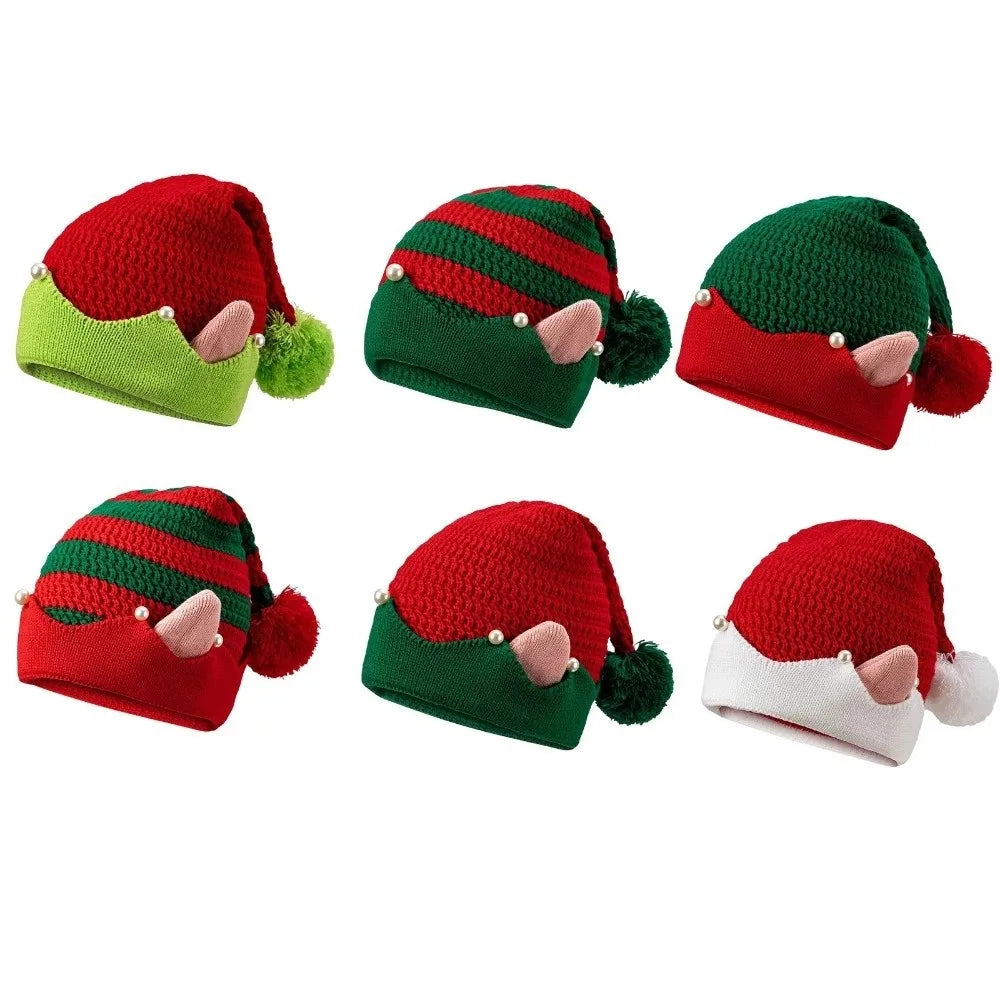 Striped Knitted Christmas Hat with Ears & Pom-Pom | Elf Santa Cap Knitted Christmas Hat Nixie