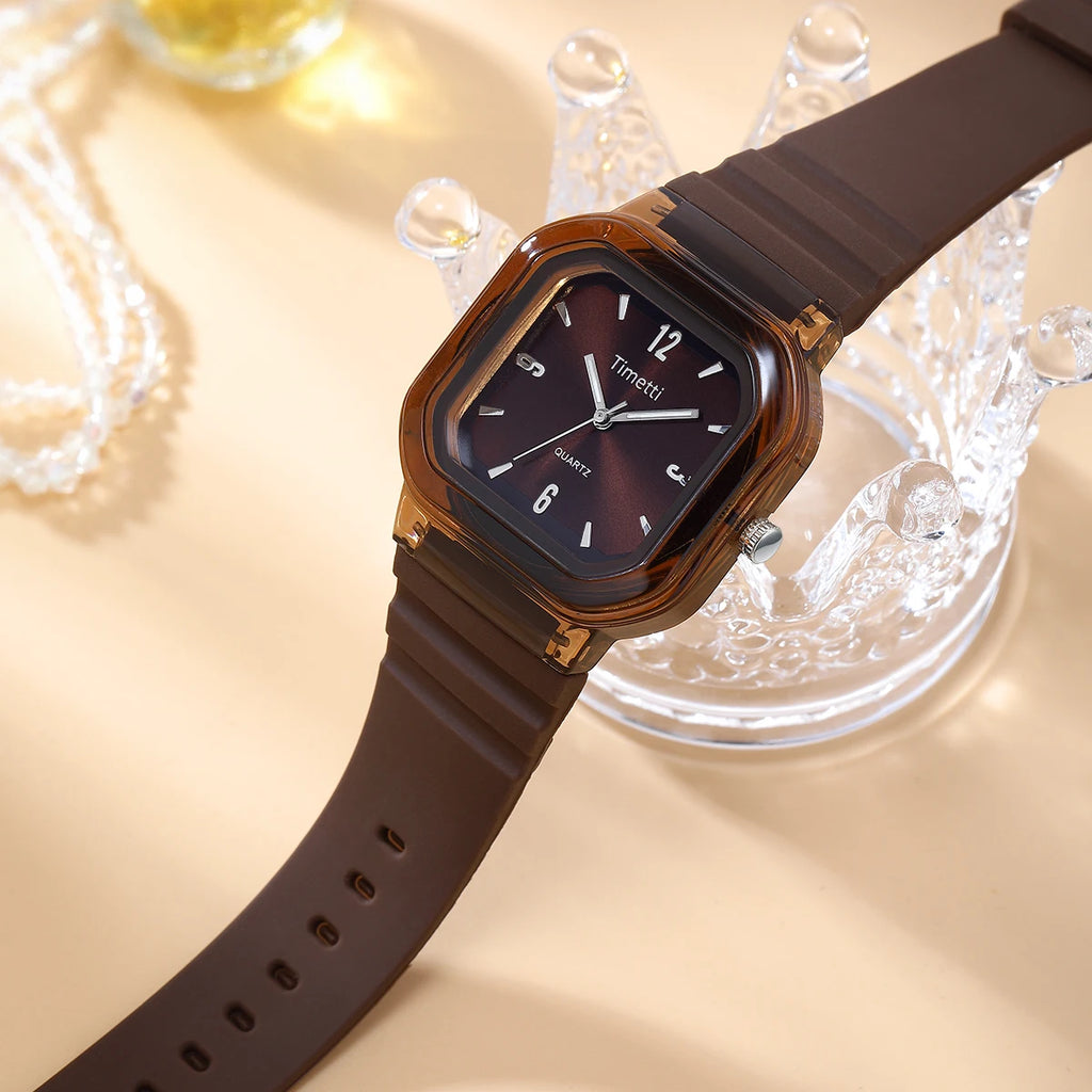 Timetti Square Quartz Watch – Silicone Strap Casual Watch