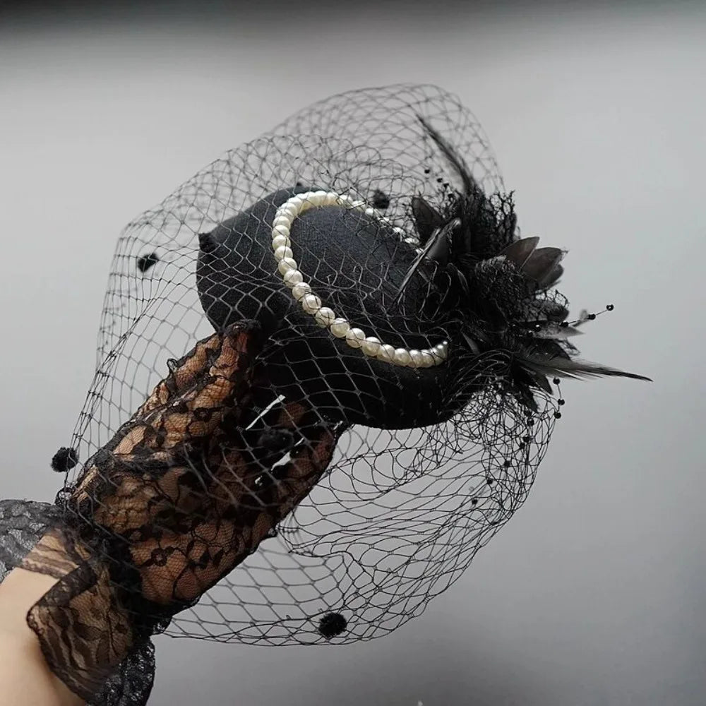 Bridal Pillbox Hat Vintage Mesh Veil Pearl Flower Women Bridal Pillbox Hat Nixie Black