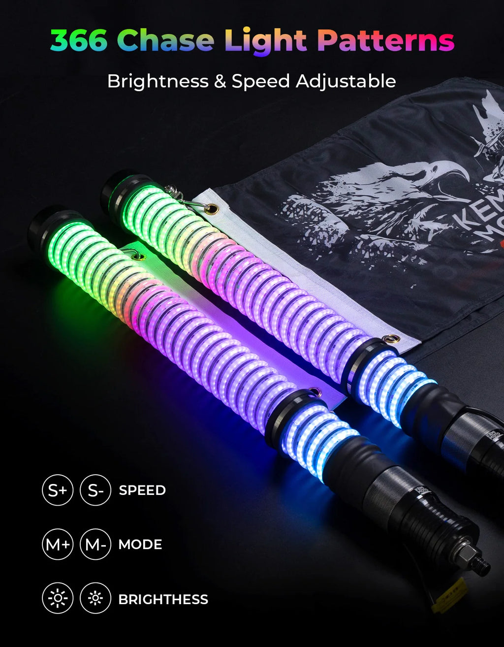 KEMIMOTO COB Fat Whip Lights UTV ATV Bluetooth IP67 Waterproof LED Whip Lights Nixie