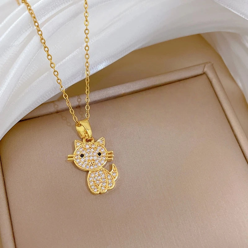 Cat Pendant Necklace Women – Gold Stainless Steel & Zircon Pendant Necklace Nixie
