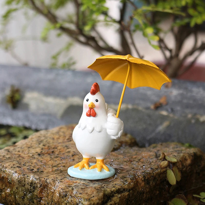 Rooster Figurine with Umbrella – Resin Garden Statue Decor Garden Figurine Nixie