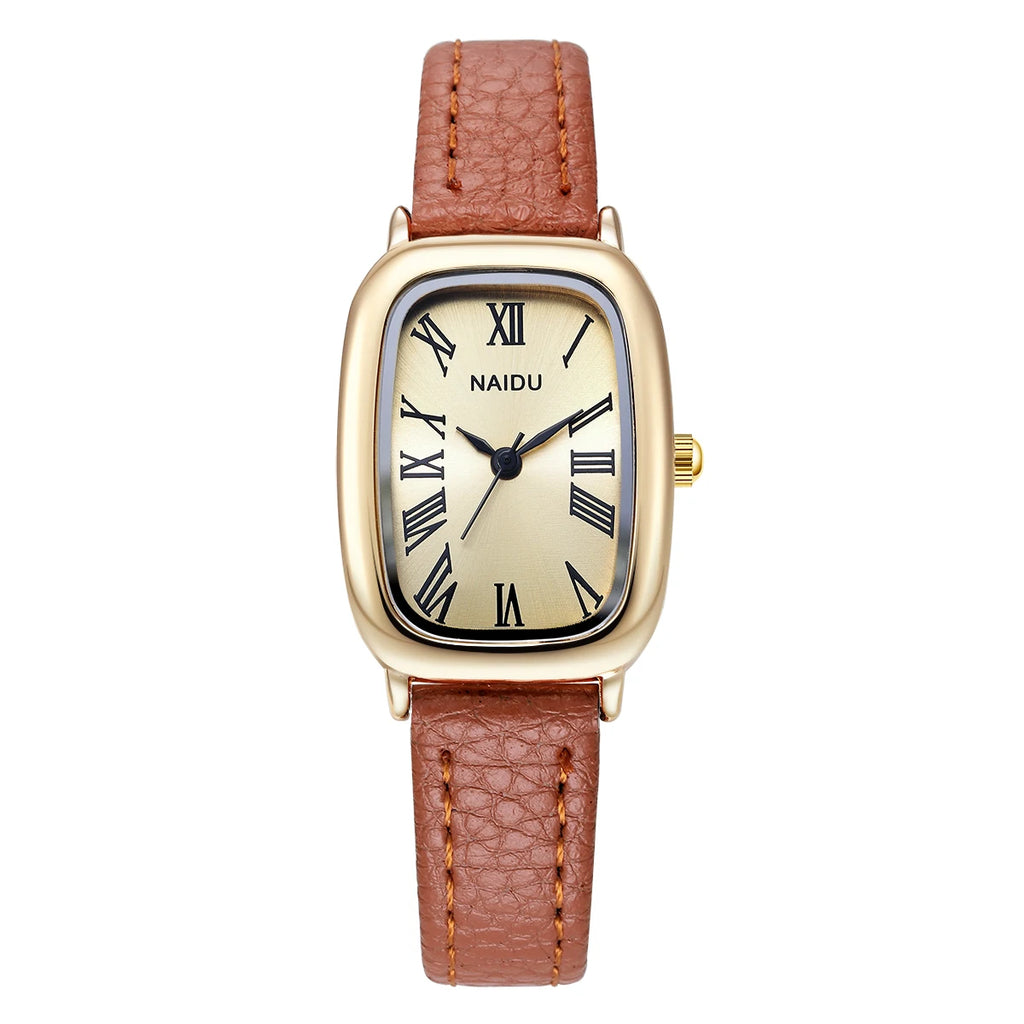 Women's Leather Strap Quartz Watch – Roman Numeral Casual Style Women's Quartz Watch Nixie Brown