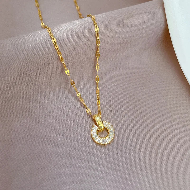 Women's Zircon Round Pendant Necklace | Gold Stainless Steel Pendant Necklace Nixie