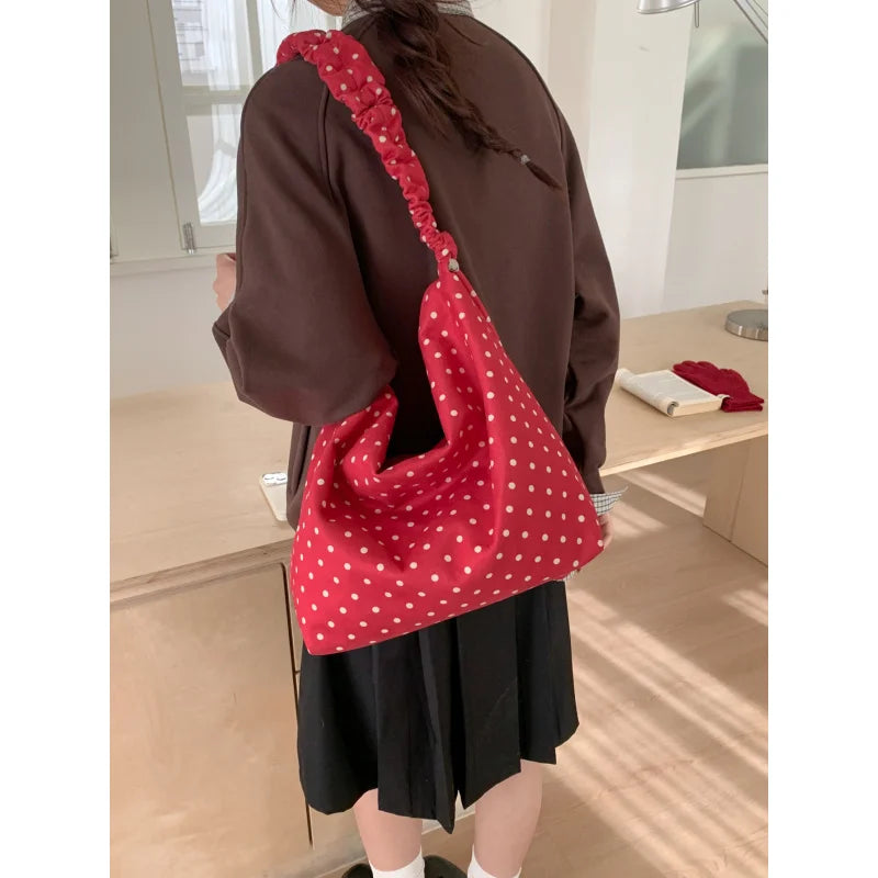 Korean Style Red Polka Dot Canvas Tote Bag | Large Shoulder Bag Canvas Tote Bag Nixie