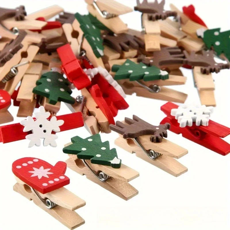 20-Pack Wooden Holiday Pegs – Trees, Snowflakes & Deer Holiday Craft Pegs Nixie
