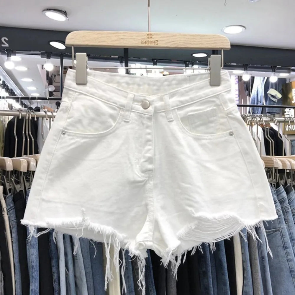 Women's High Waist Ripped Denim Shorts – Frayed Raw Hem Denim Shorts Nixie White- L