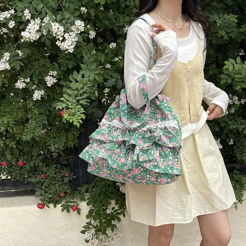 French Floral Drawstring Tote Bag – Lace Trim Canvas Shoulder Bag Canvas Shoulder Bag Nixie