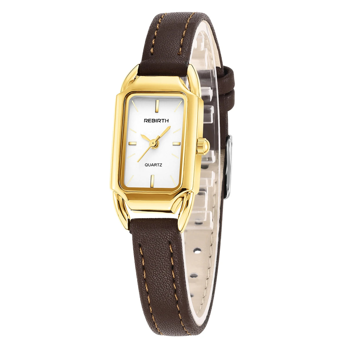 REBIRTH Women's Retro Leather Strap Quartz Watch | Rectangle Dial Women's Quartz Watch Nixie Brown
