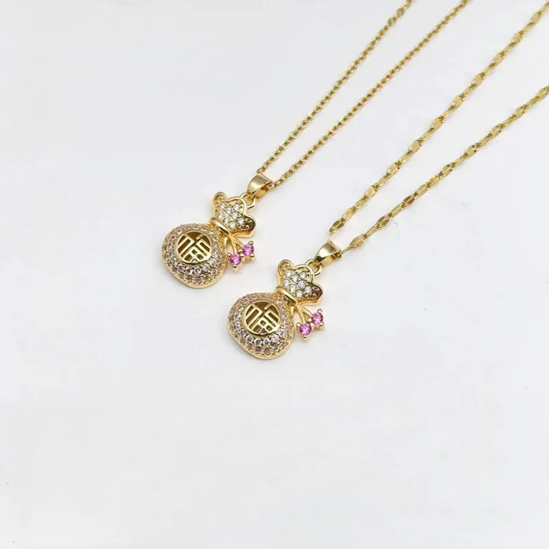 Lucky Bag Copper Pendant Zircon Necklace – Gold Clavicle Chain Pendant Necklace Nixie