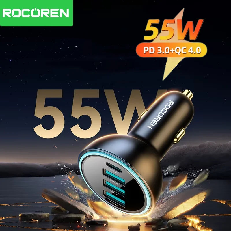 Rocoren 55W 4-Port USB-C Car Charger | QC3.0 Fast Charging Car Charger Nixie