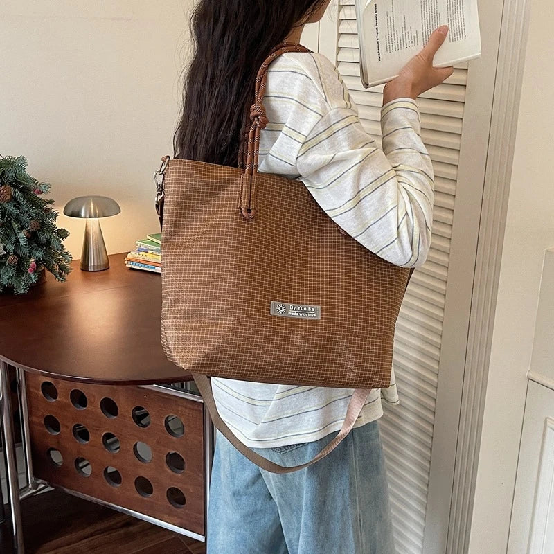 Japanese Plaid Nylon Tote Bag – Large Capacity Work & School Nylon Tote Bag Nixie