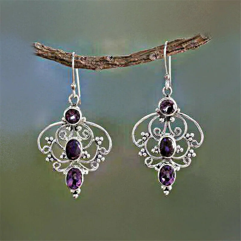 Vintage Silver Purple Crystal Hollow Flower Drop Earrings Drop Hook Earrings Nixie MULTI