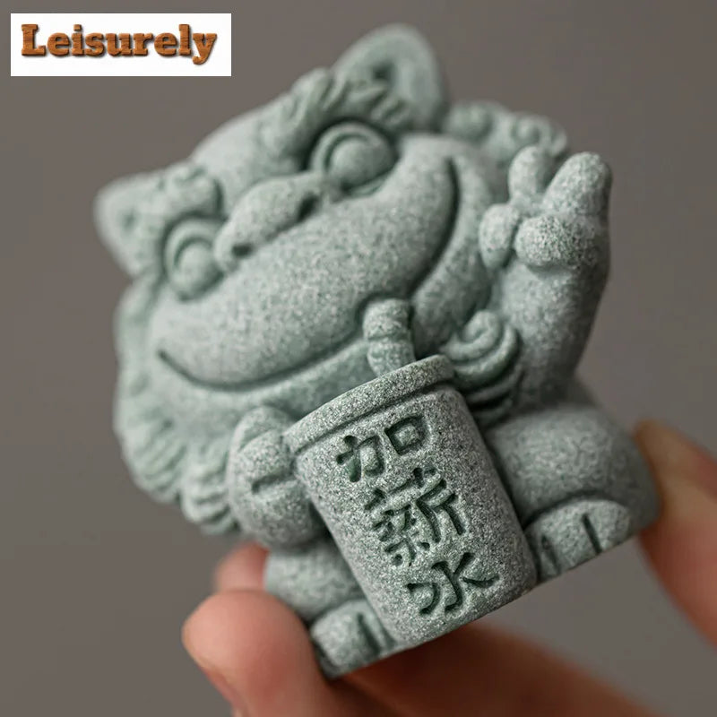 Green Sandstone Lion Tea Pet Ceramic Figurine | Tea Ornament