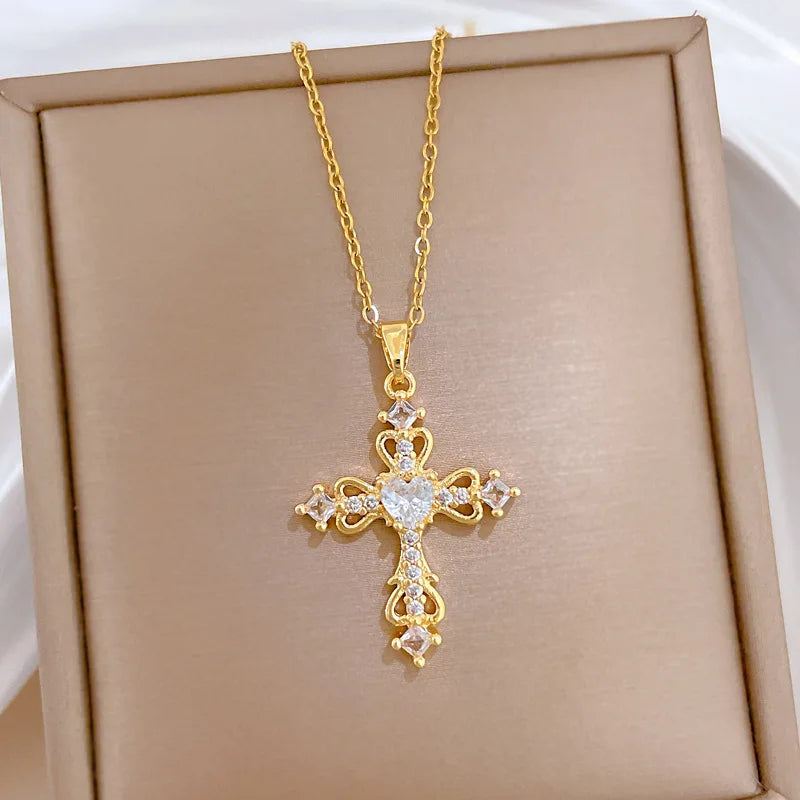 Women's Gold Cross Pendant Necklace – Stainless Steel Choker Pendant Necklace Nixie