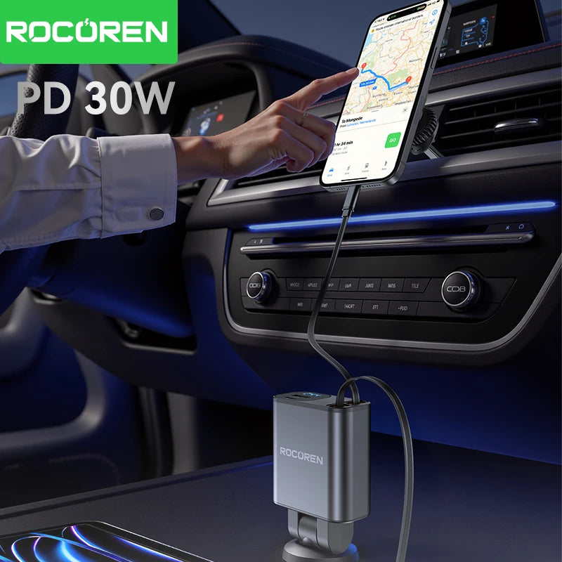 Rocoren 4-in-1 PD 30W Car Charger – Digital Display & Retractable
