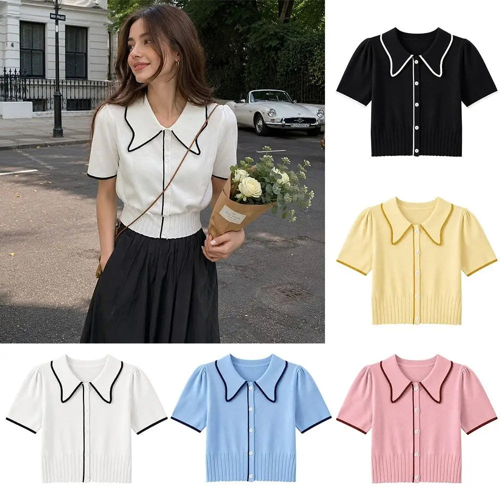 Women's Knitted Crop Top Lapel Collar Slim Fit Summer T-Shirt Knitted Crop Top Nixie