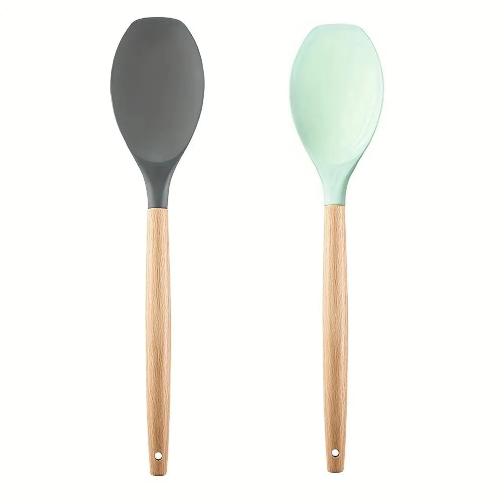 2-Piece Silicone Spatula Spoons with Wooden Handle | Kitchen Set Silicone Kitchen Utensils Nixie Green and Grey